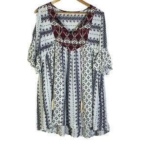 Umgee Boho Embroidered Tassels Cold Shoulder Dress White Red Blue Geometric S